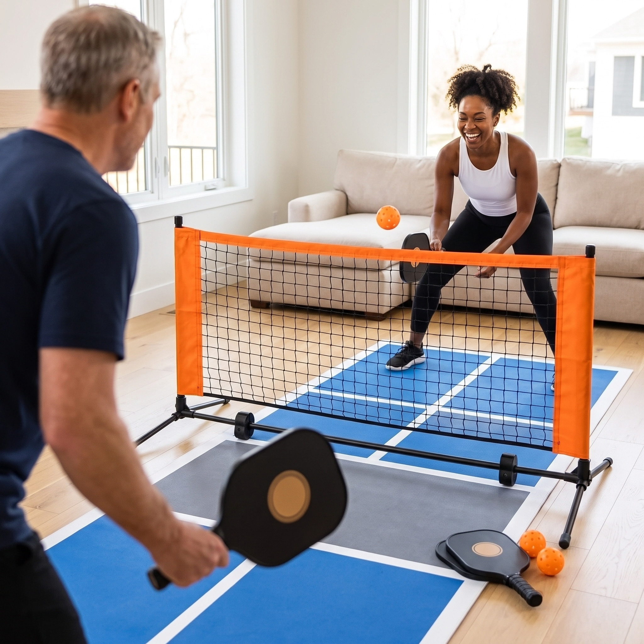 Two players rallying over the PocketPaddle net in a living room