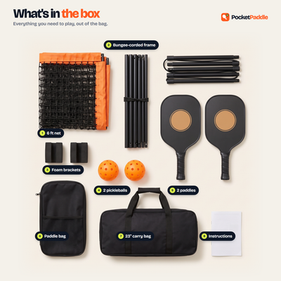 What's in the box: net, bungee-corded frame, foam brackets, 2 pickleballs, 2 paddles, paddle bag, 23 inch carry bag, instructions