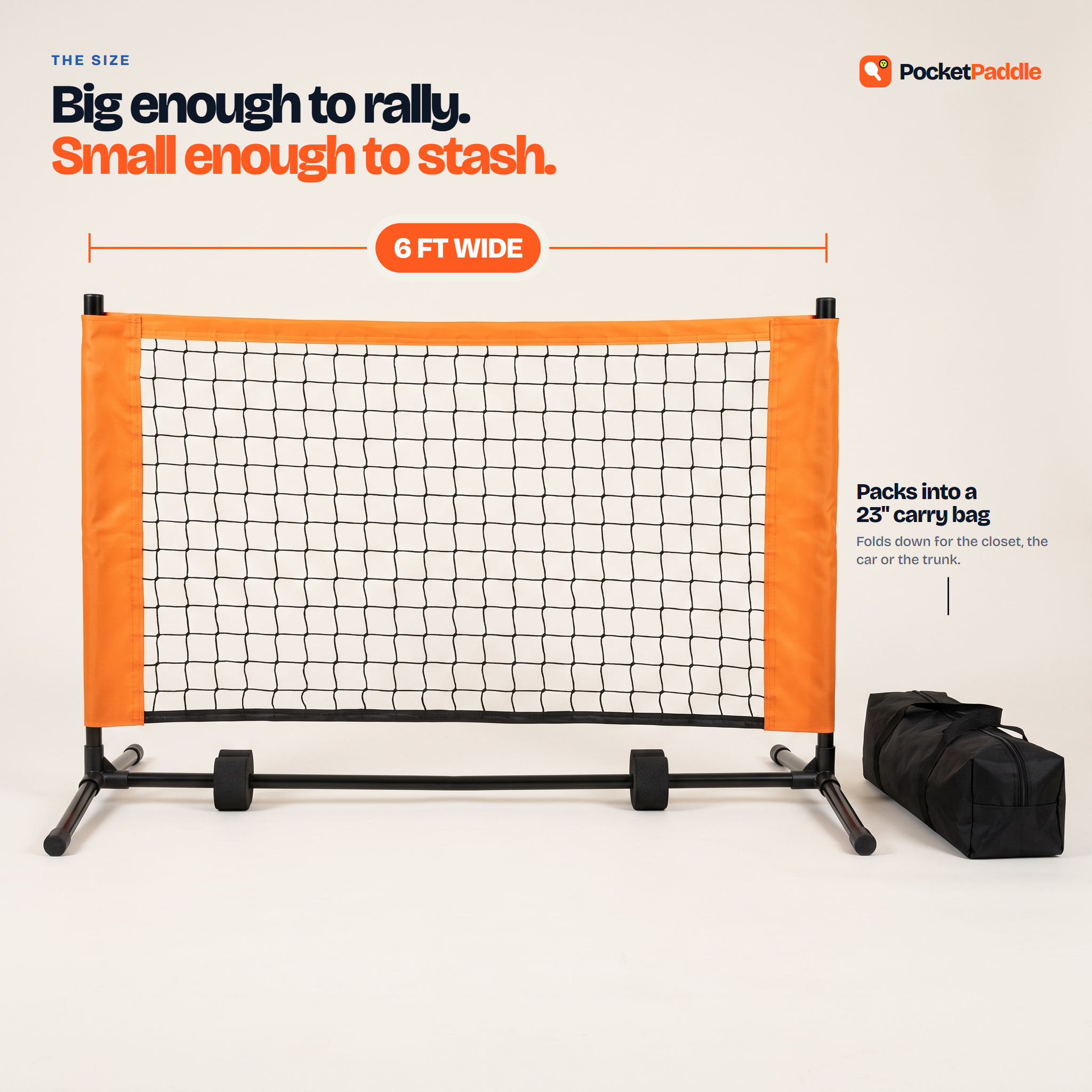 The PocketPaddle net is 6 ft wide and packs into a 23 inch carry bag