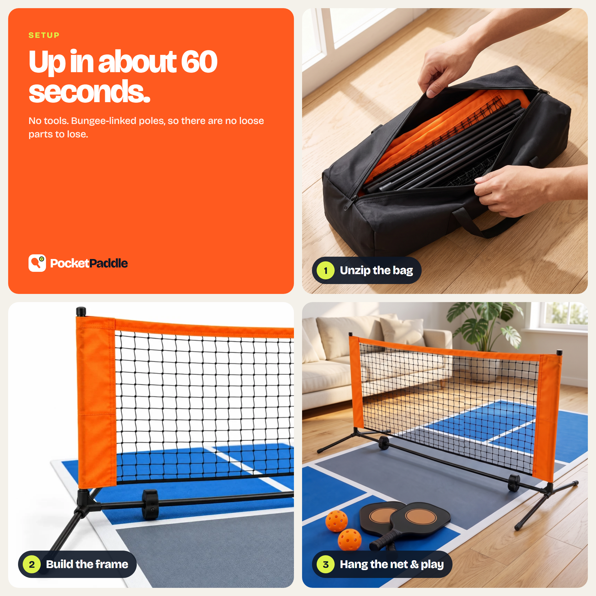 Set up in about 60 seconds: unzip the bag, build the frame, hang the net and play