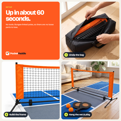 Set up in about 60 seconds: unzip the bag, build the frame, hang the net and play