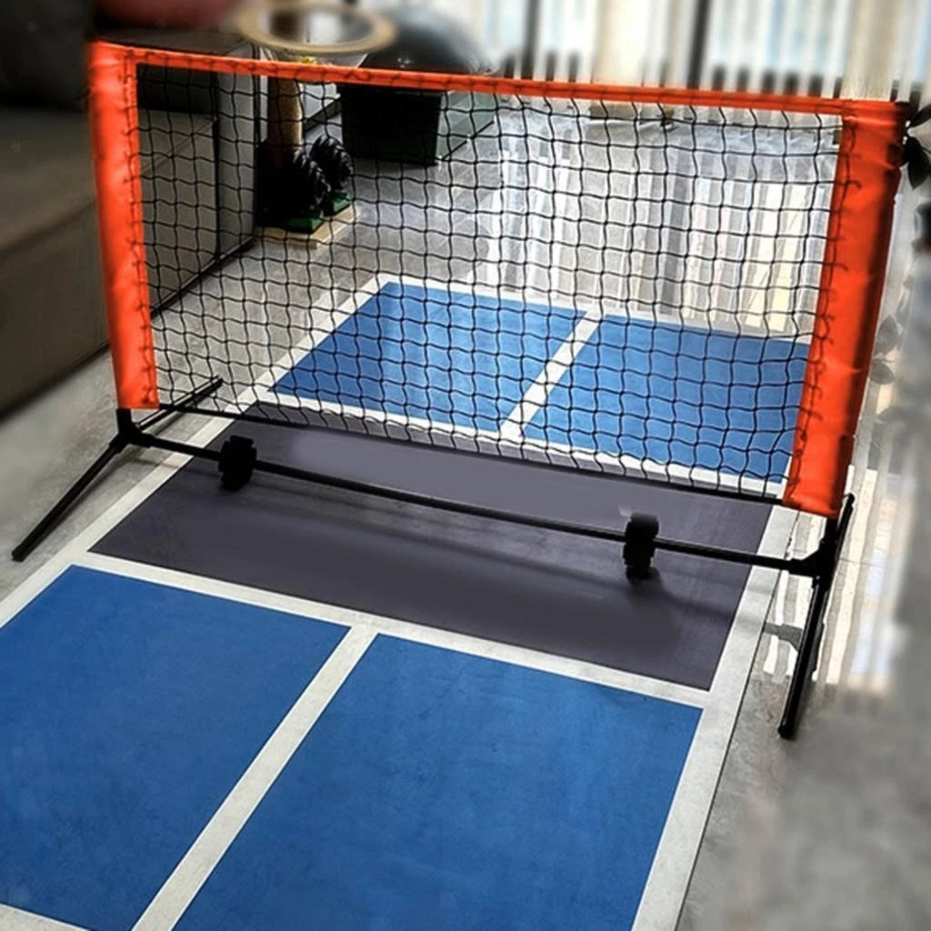 PocketPaddle 6 ft mini pickleball net set up on an indoor court mat